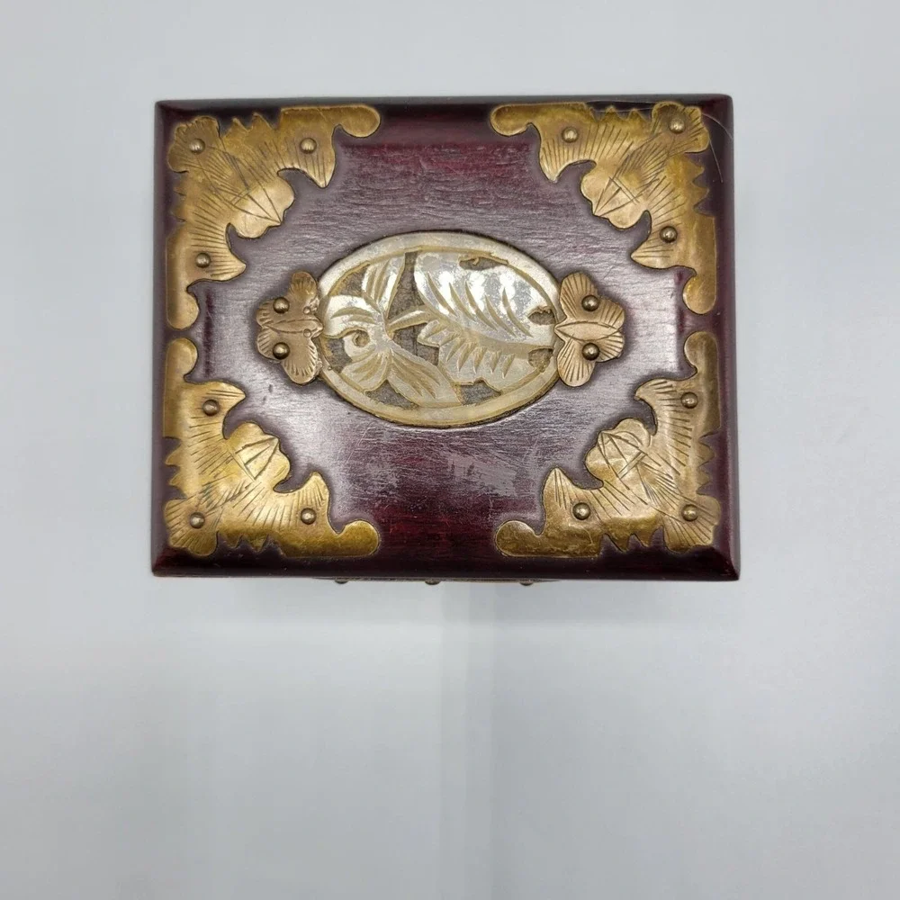 Vtg Chinese Wood Brass Carved White Jade Medallion Ornate Jewelry Box 4.25